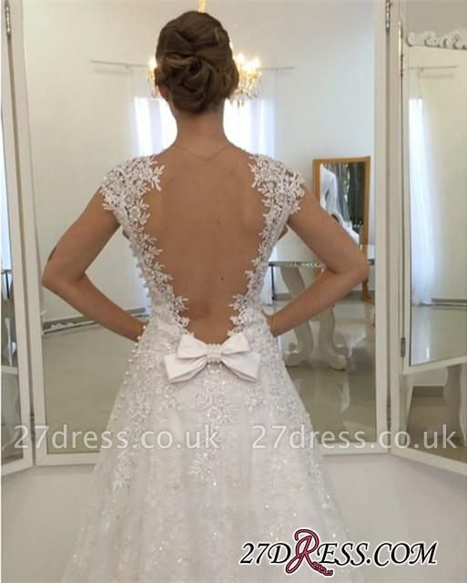 Cap-Sleeve Lace-Appliques Delicate Bow Long White Wedding Dress
