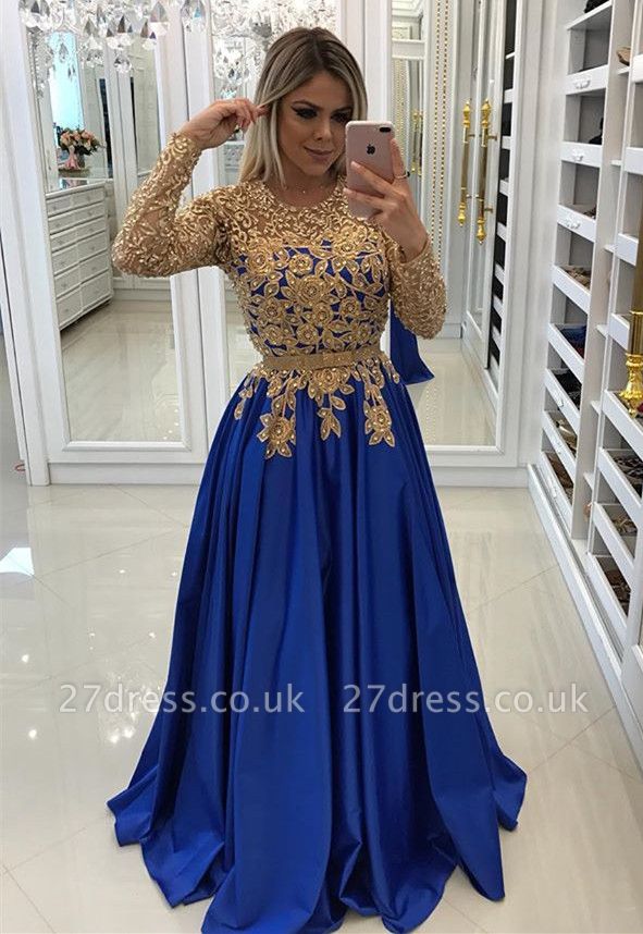 Modern Royal Blue & Gold Lace Evening Dress UK | Long Sleeve Party Gown