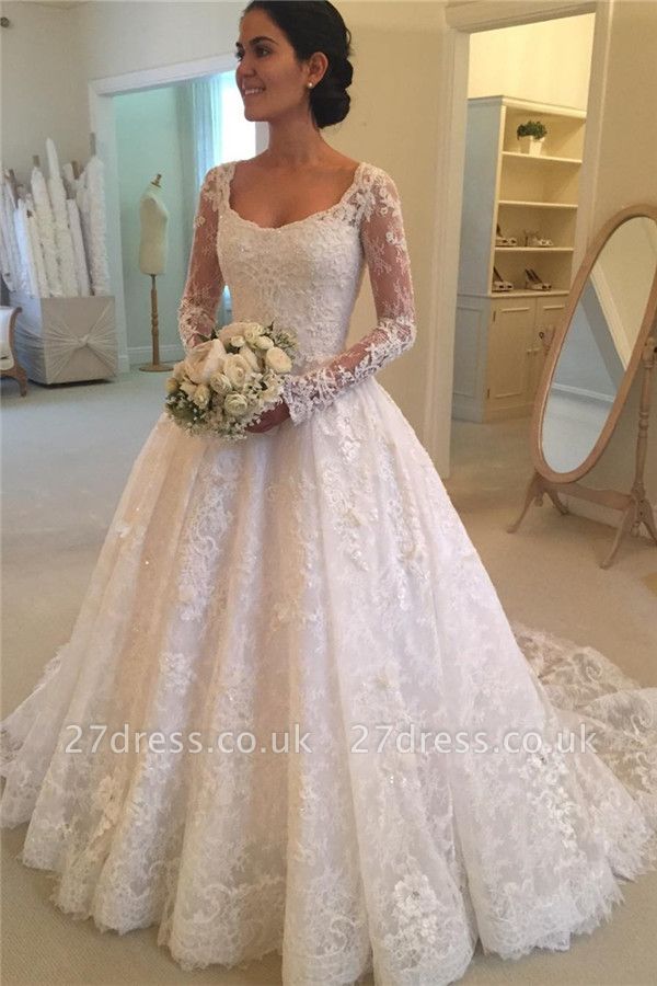 Elegant Puffy Lace Buttons Squared Long-Sleeve Court-Train Wedding Dress