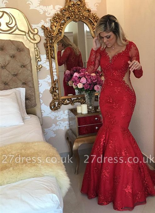 Sexy Long Sleeve Red Evening Dress UK Lace Beads Mermaid Party Dress UK BMT