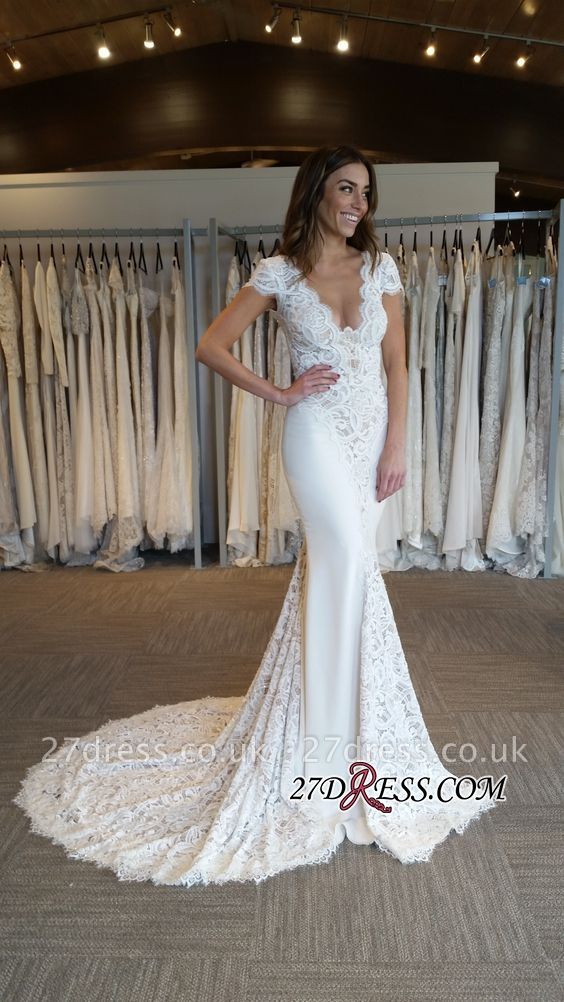 Elegant Cap Sleeve Sexy Mermaid V-Neck Lace Applique Wedding Dresses UK Online