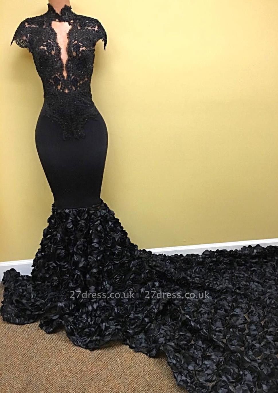 Amazing Black Cap Sleeve Prom Dress UK Lace Flowers Bottom Long Train