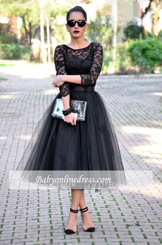 Tea-Length Popular A-Line Black Lace Tulle Evening Gowns