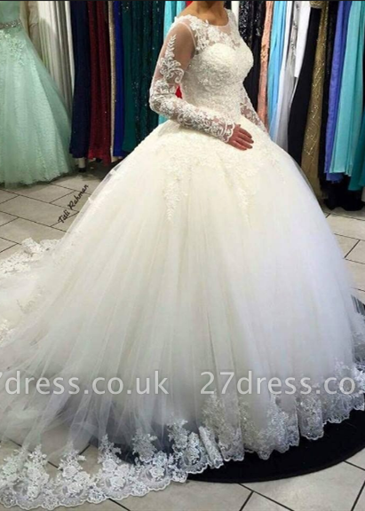 Gorgeous Long Sleeve Lace Ball Gown Tulle Wedding Dress BA5365