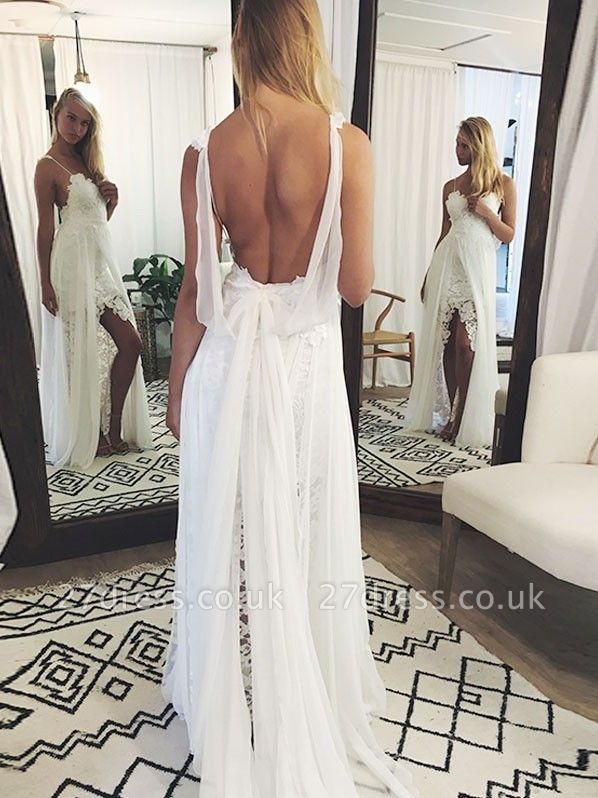 Chic Backless Lace Wedding Dresses UK Simple Side Slit Spaghetti -Strap Bridal Gowns