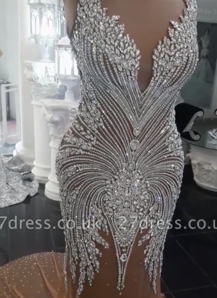Glamorous Crystals Sexy Mermaid Wedding Dresses UK  V-Neck Backless Champagne Bridal Gowns