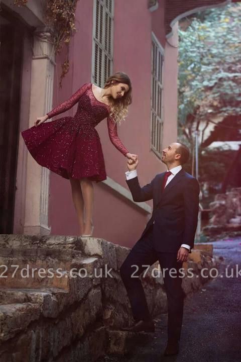 Stylish Long Sleeve Beadings Sequins A-Line Short Prom Dress UK BA1772