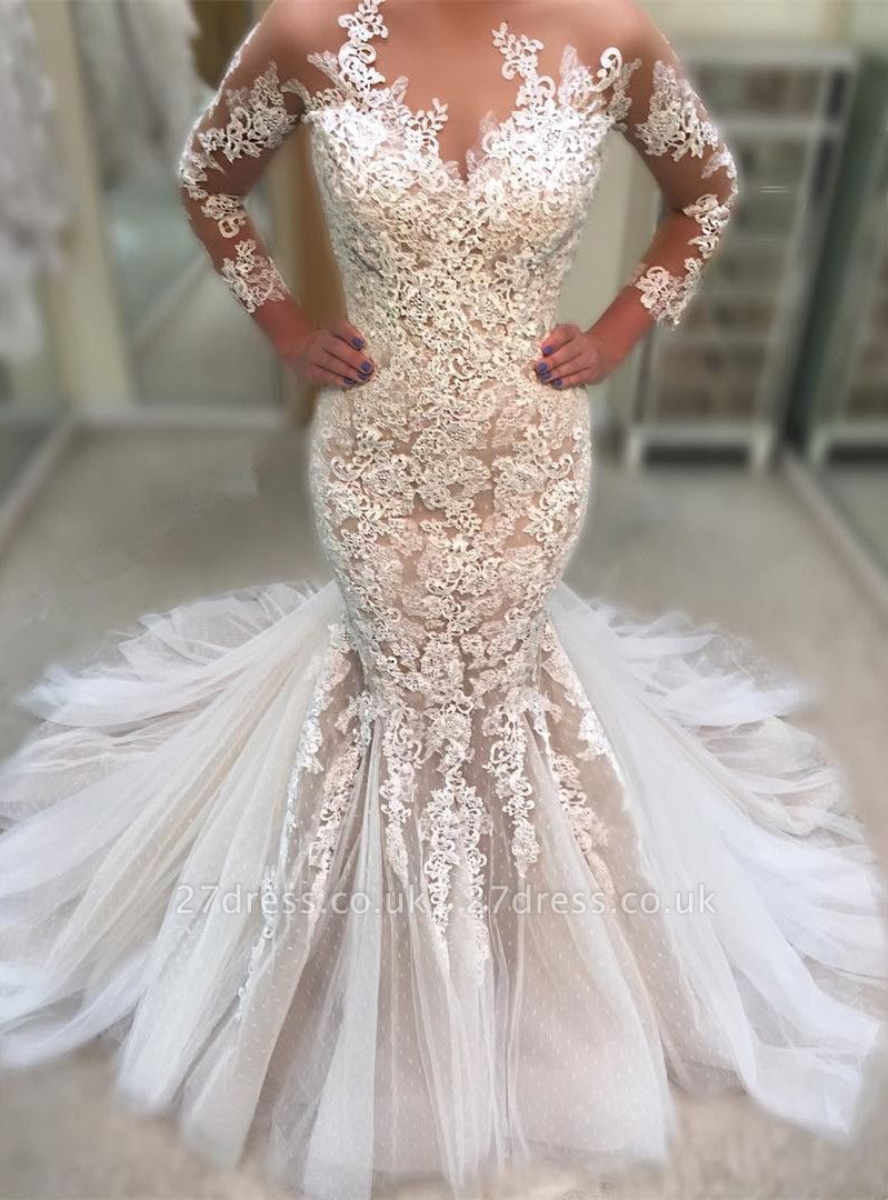 Gorgeous Long Sleeve Wedding Dress | Lace Sexy Mermaid Tulle Bridal Gowns