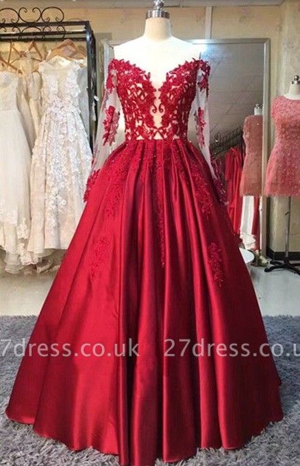 Lace-Appliques Off-the-Shoulder Puffy Red Long-Sleeves Prom Dress UKes UK BA5004