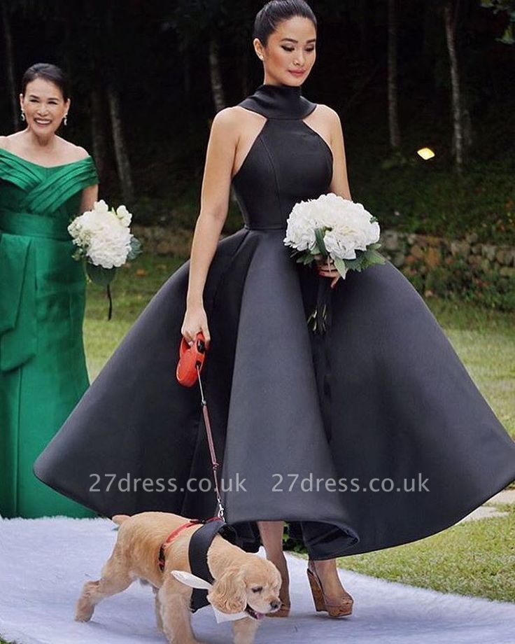Elegant Black Sleeveless Tea-Length Formal Dress UK Long Prom Dress UK