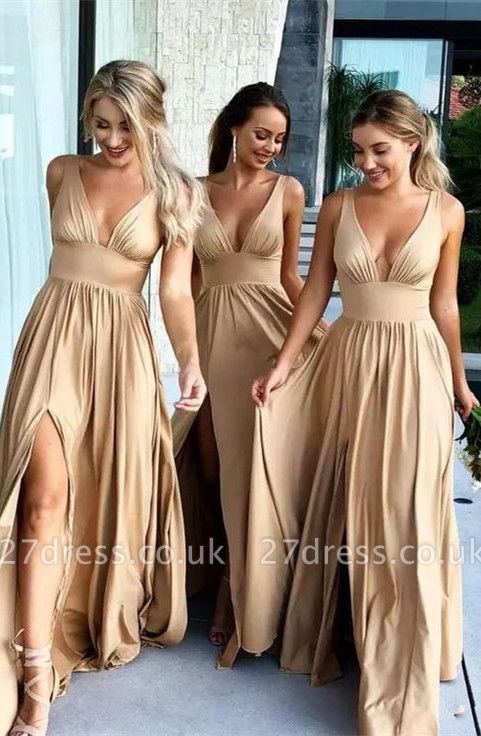 Sexy V-Neck Sleeveless Bridesmaid Dress UK |Bridesmaid Dress UK With Slit