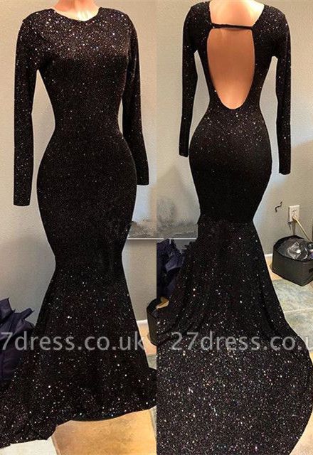Black Sequins Prom Dress UK | Long Sleeve Evening Gowns BA9023