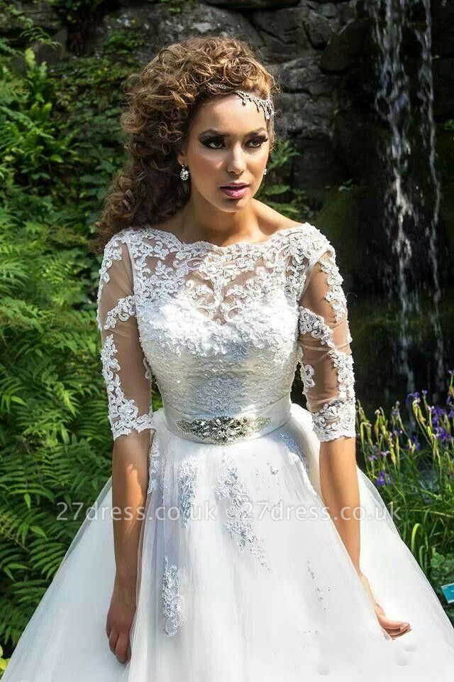 Delicate Lace Appliques Half Sleeve Wedding Dress Crystal Lace-up Sweep Train