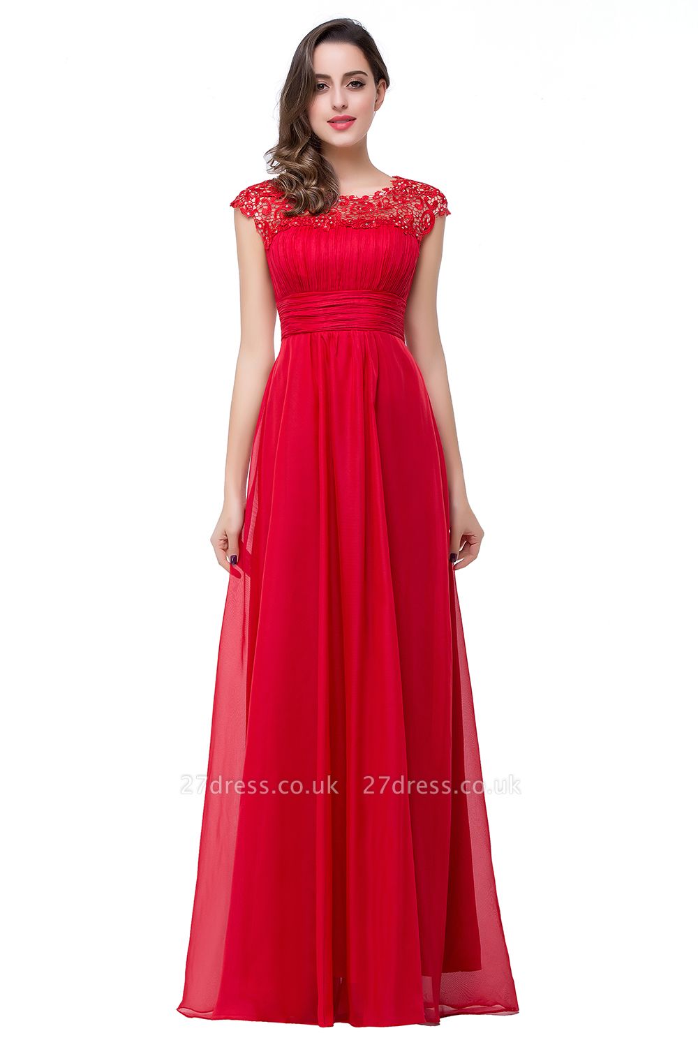 Red Chiffon Lace Prom Dress UK Zipper Illusion Cap Sleeve Long Evening Dress