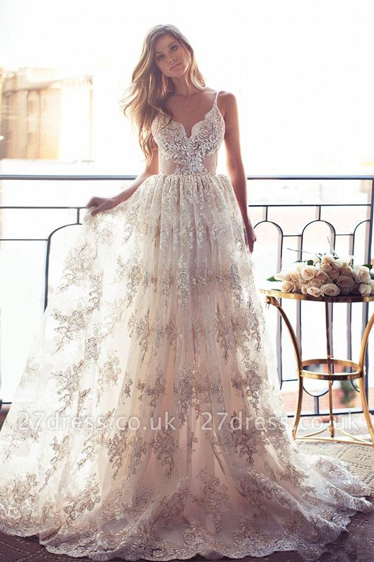 Gorgeous Spaghetti Straps Lace Wedding Dress A-Line Backless BA3364