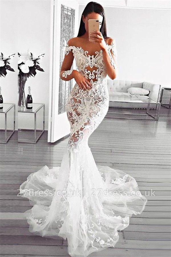 Gorgeous  Sexy Mermaid Off Shoulder Wedding Dresses UK | Long Sleeves Appliques Sheer Bridal Gowns