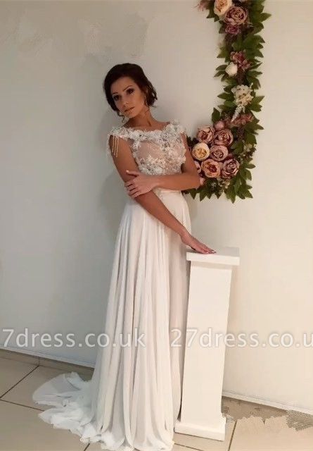 Modest  A-line Flowers Wedding Dress Open Back Sweep Train