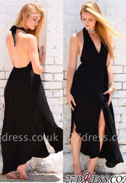Black Halter Elegant Backless Front-Split Sleeveless Prom Dress UK