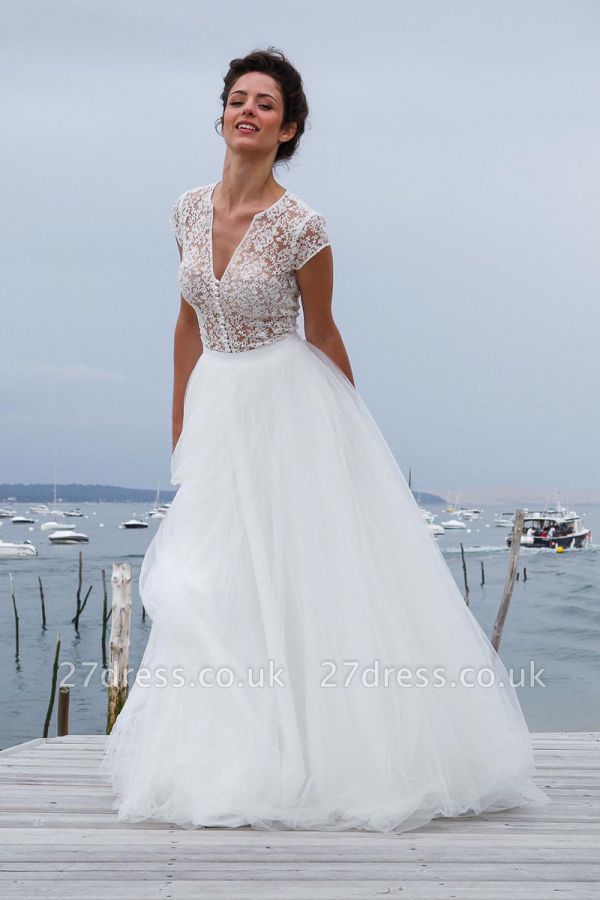 Tulle Simple Short-Sleeves A-line V-neck Chic Wedding Dress