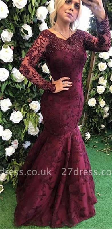Sexy Long Sleeve Burgundy Evening Dress UK Mermaid Lace Appliques BMT
