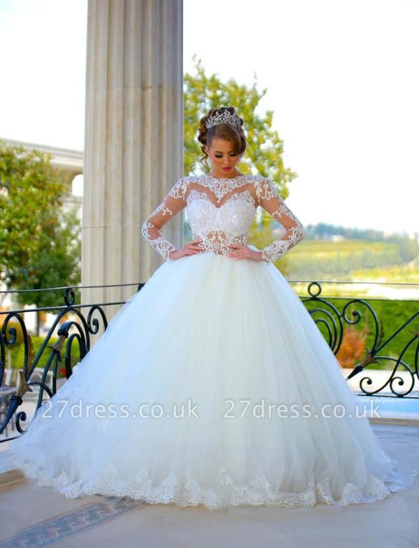 Delicate Long Sleeve Tulle Wedding Dress Ball Gown Lace Appliques
