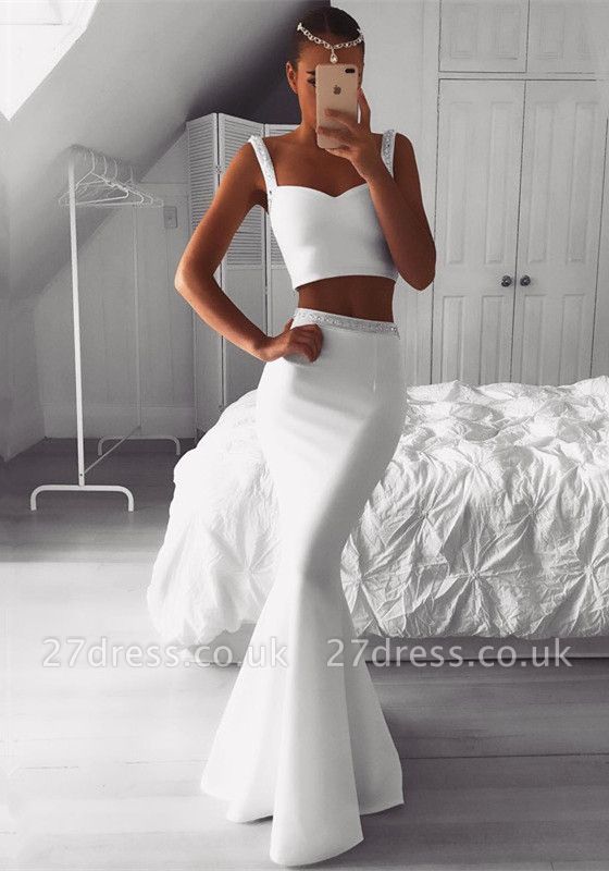 Luxury Two Pieces White Prom Dress UK | Mermaid Beadings Evening Gowns