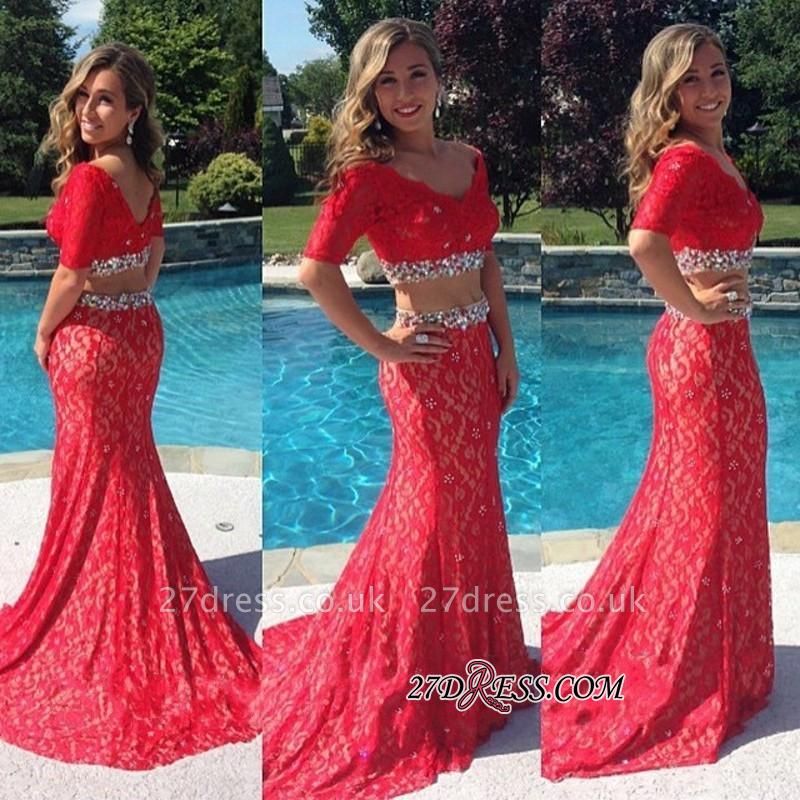 Two-Pieces Mermaid Crystal Lace V-Neck Red Homecoming Dress UK