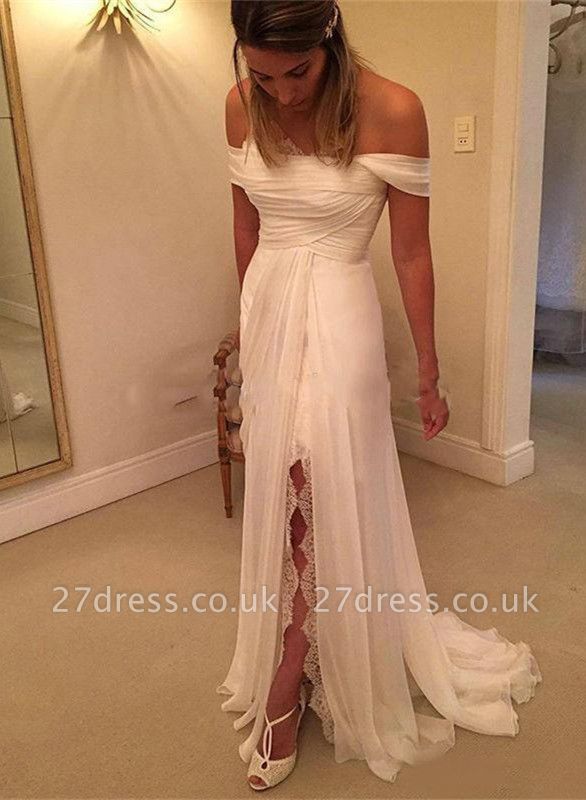 Long Wedding  Off-the-Shoulder Split Lace Dress Zipper