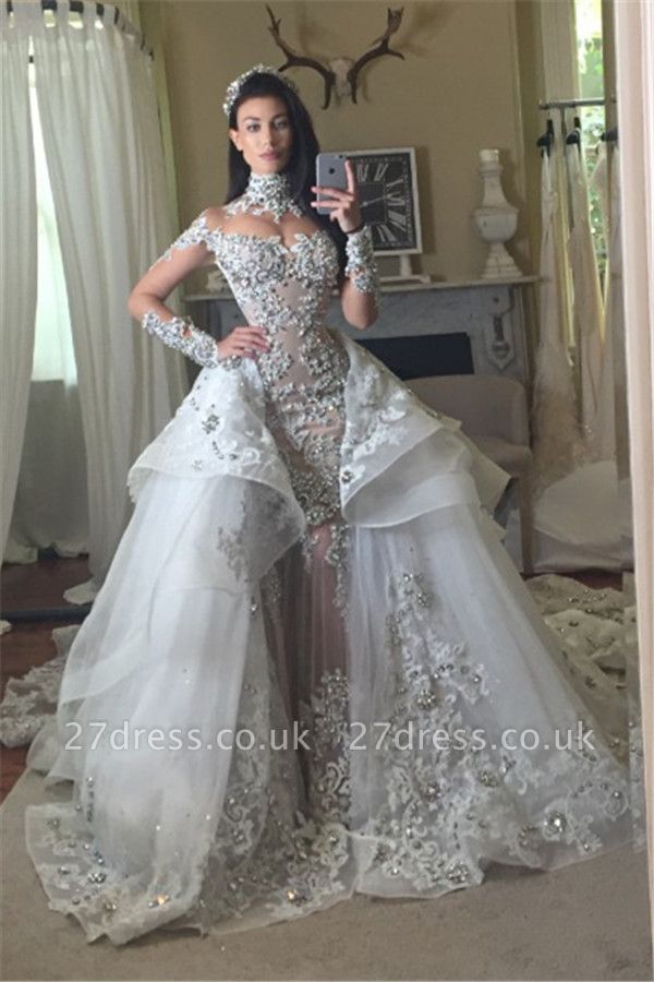 Appliques High-Neck Tulle Long-Sleeves Elegant Detachable-Train Wedding Dresses UK BA7171