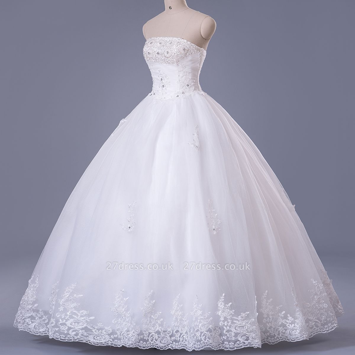 Elegant Strapless Sleeveless Wedding Dress Ball Gown With Lace Beadss
