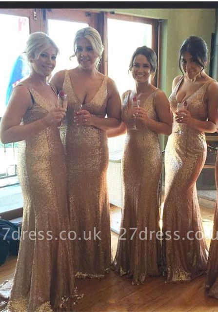 Stunnning V-Neck Sequins Gold Bridesmaid Dress UKes UK Plus Size Long Floor Length