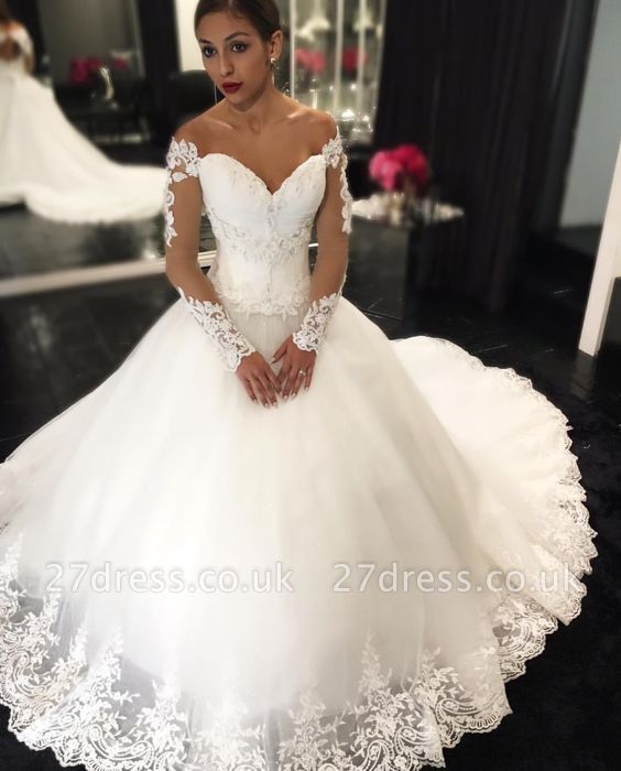 Elegant Sweetheart Off-the-Shoulder Wedding Dresses UK Long Sleeves Appliques Bridal Gowns