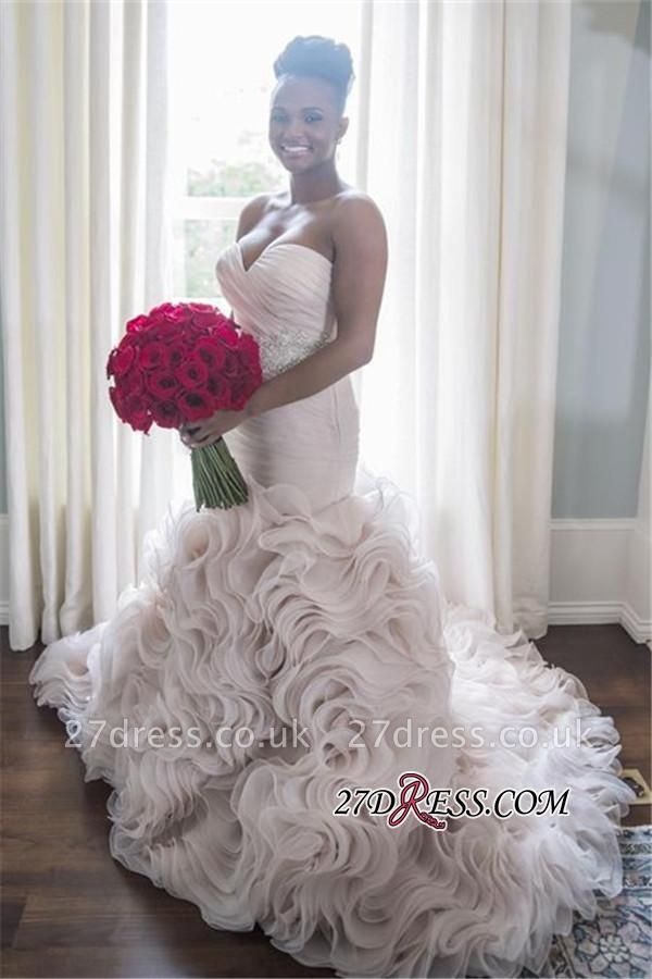 Open-Back Sleeveless Sheath Sweetheart Ruffles Organza Wave-Design Court-Train Wedding Dress