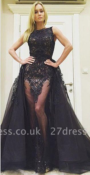 Elegant Black Lace Sleeveless Evening Dress UK Ruffles Floor Length