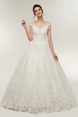 Cap Sleeves Scoop Tulle Lace Wedding Dress Aline Floor Length Crystals Bridal Dress_4