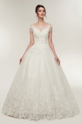 Cap Sleeves Scoop Tulle Lace Wedding Dress Aline Floor Length Crystals Bridal Dress_3