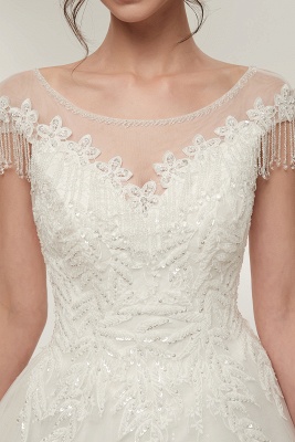 Cap Sleeves Scoop Tulle Lace Wedding Dress Aline Floor Length Crystals Bridal Dress_10