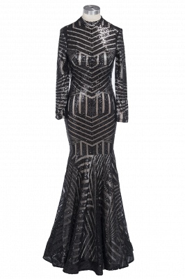 Sequined Black Mermaid High-Neck Elegant Long-Sleeves Prom Dress UK jj0085_1