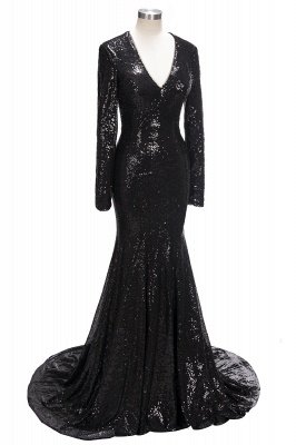 Black sequins prom Dress UK Long sleeve mermaid evening gowns V-Neck_4