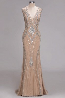 Sleeveless Beadings Long Mermaid V-Neck Luxury Crystal Prom Dress UK_1