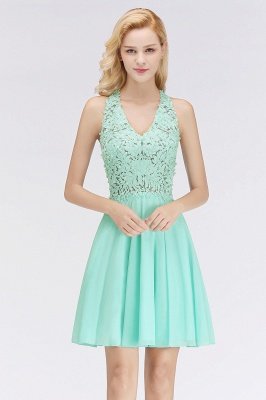 Mint Green Lace Short Bridesmaid Dress  Halter V-Neck Pearls Chiffon Wedding Party Dress Knee Length_1