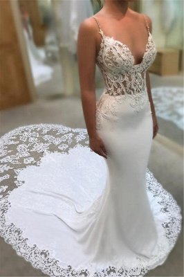 Sexy Mermaid Spaghetti Sleeveless Appliqued Lace Court Train Wedding Dresses UK_1