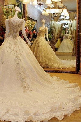 A-line Sleeveless V-neck Crystal Beads Appliqued Lace Wedding Dresses UK_3