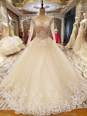 Ball Gown Long Sleeves Appliques Tulle Lace-up Wedding Dresses UK_1