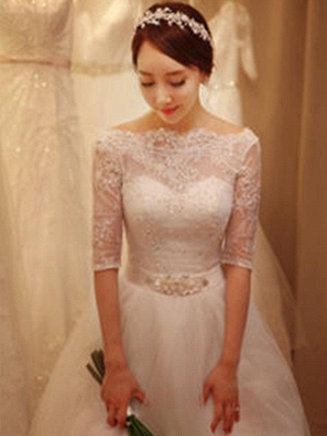 Tulle Ball Gown Beads Off-the-Shoulder 1/2 Sleeves Wedding Dresses UK_5