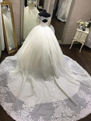 Cathedral Train Ball Gown Long Sleeves Applique Tulle Off-the-Shoulder Wedding Dresses UK_4