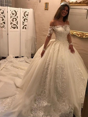 Cathedral Train Ball Gown Long Sleeves Applique Tulle Off-the-Shoulder Wedding Dresses UK_1