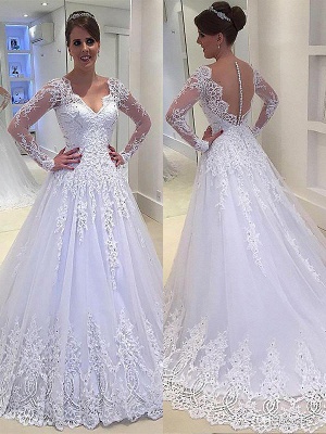 Court Train Long Sleeves A-Line Applique Tulle  V-Neck Wedding Dresses UK_1