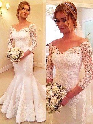 3/4 Sleeves  Sexy Mermaid Court Train Off-the-Shoulder Satin Lace Wedding Dresses UK_1