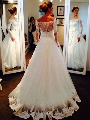 Long Sleeves Sweep Train Ball Gown Off-the-Shoulder Tulle Wedding Dresses UK_3